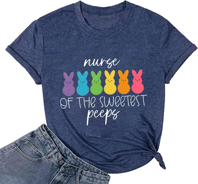 Easter Nurse Shirt Womens Nurse of The Sweetest Peeps T-Shirt Funny Bunny Graphic Tee Cute Nursing Gift Top Dark Blue