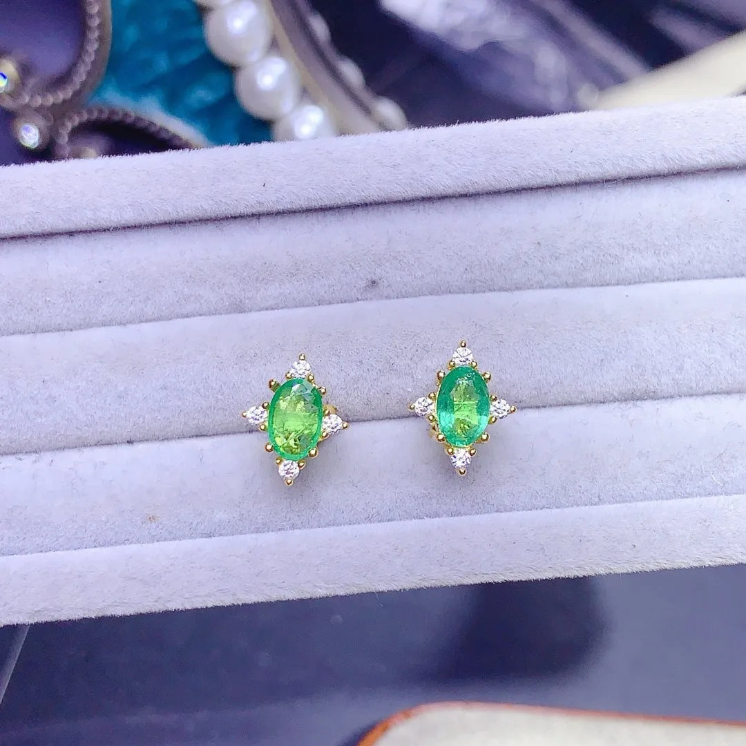 Lustrous Luxury Natural Emerald S925 Sterling Silver Ear Studs; delicious❤️❤️❤️