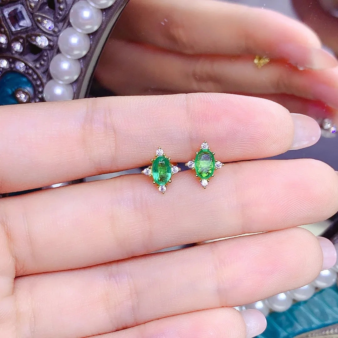Lustrous Luxury Natural Emerald S925 Sterling Silver Ear Studs; delicious❤️❤️❤️