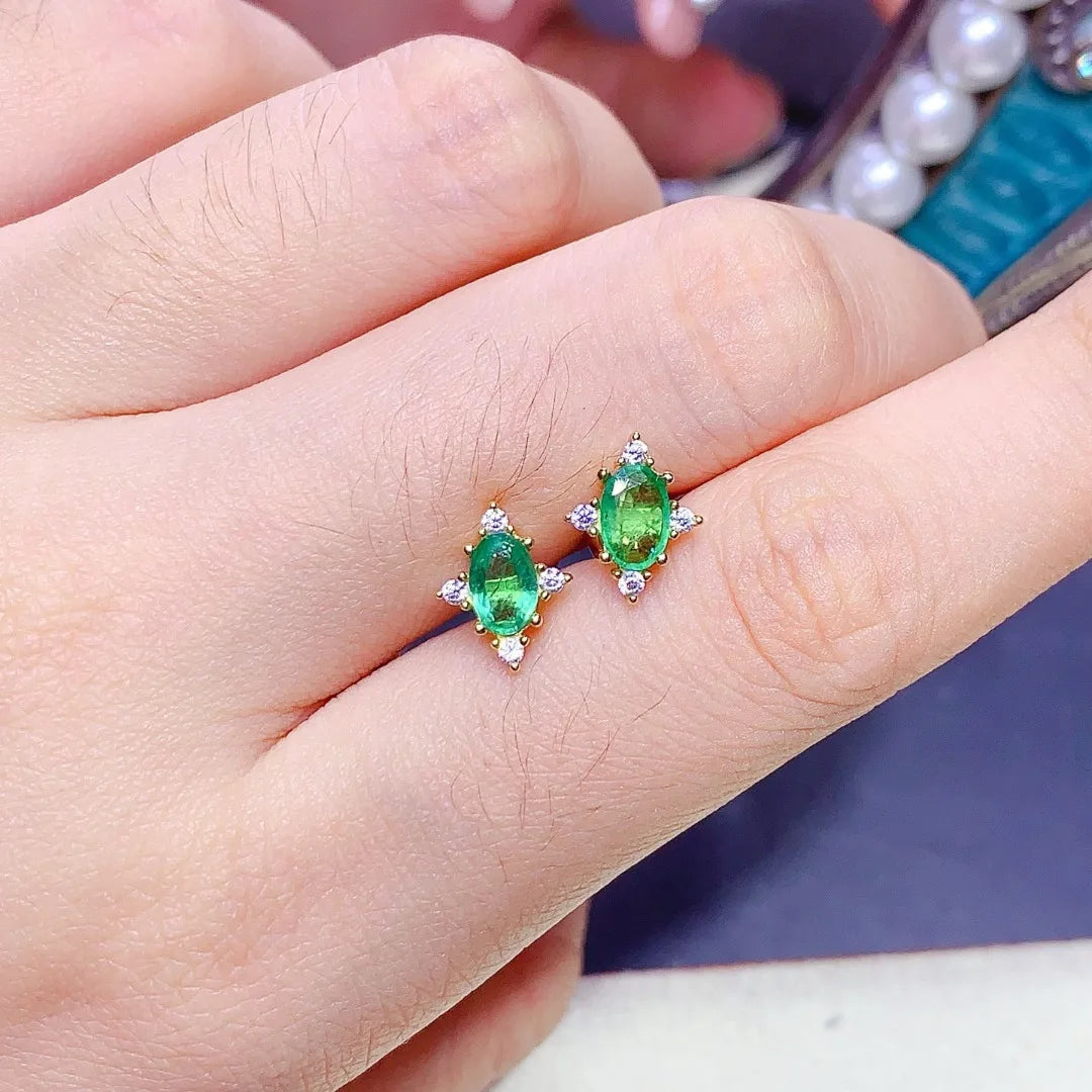 Lustrous Luxury Natural Emerald S925 Sterling Silver Ear Studs; delicious❤️❤️❤️