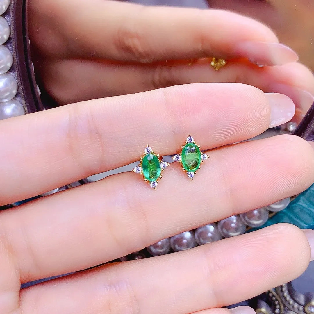Lustrous Luxury Natural Emerald S925 Sterling Silver Ear Studs; delicious❤️❤️❤️
