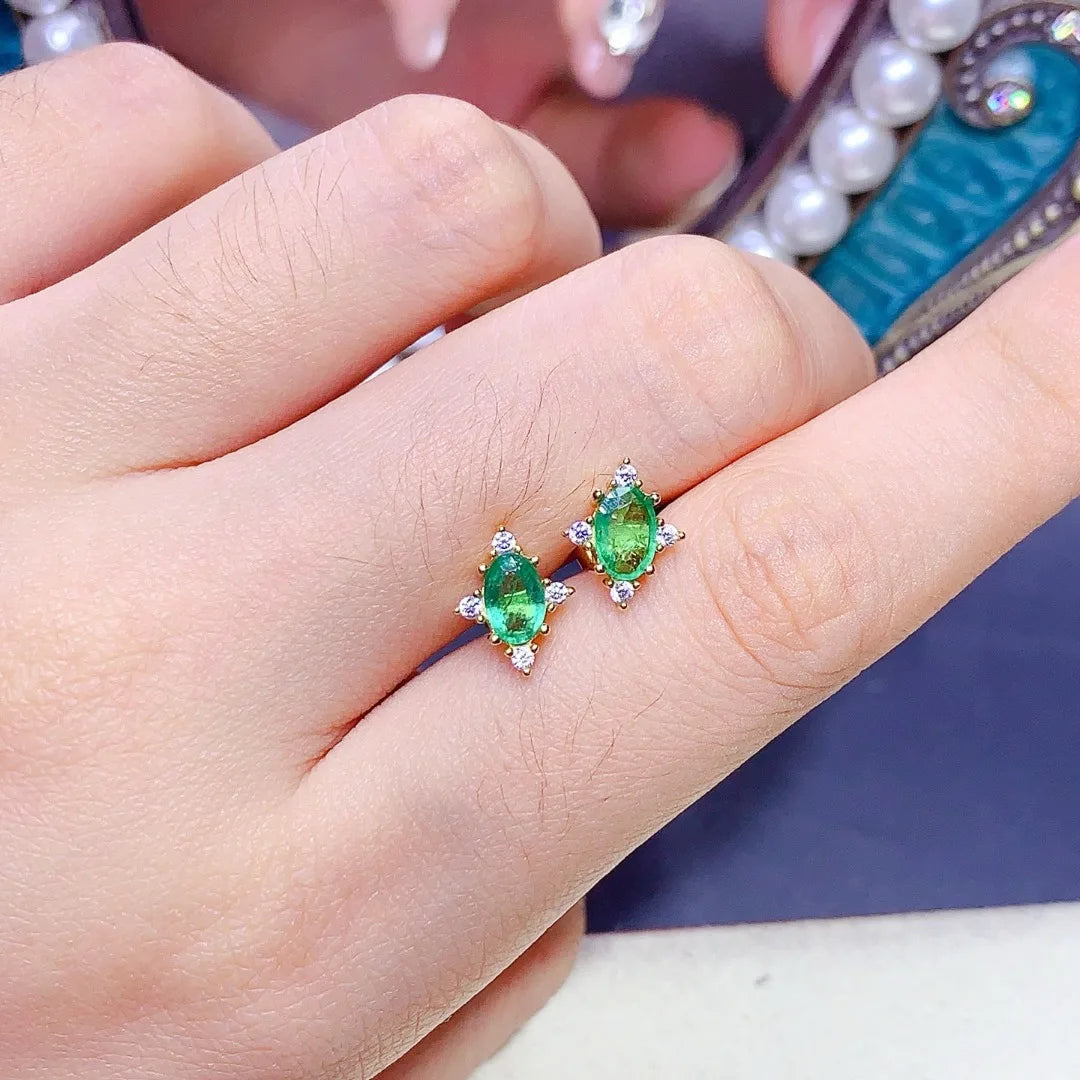 Lustrous Luxury Natural Emerald S925 Sterling Silver Ear Studs; delicious❤️❤️❤️